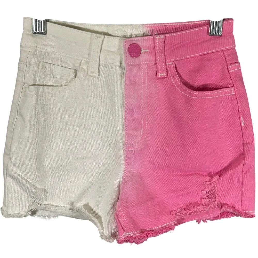 Justice Girls Pink White Two Tone Mini Mom Distressed Denim Shorts Size 8